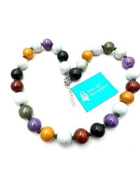 Jade of Yesteryear Necklace Sterling Silver Multicolor Jade 20mm Beads 20 Inch